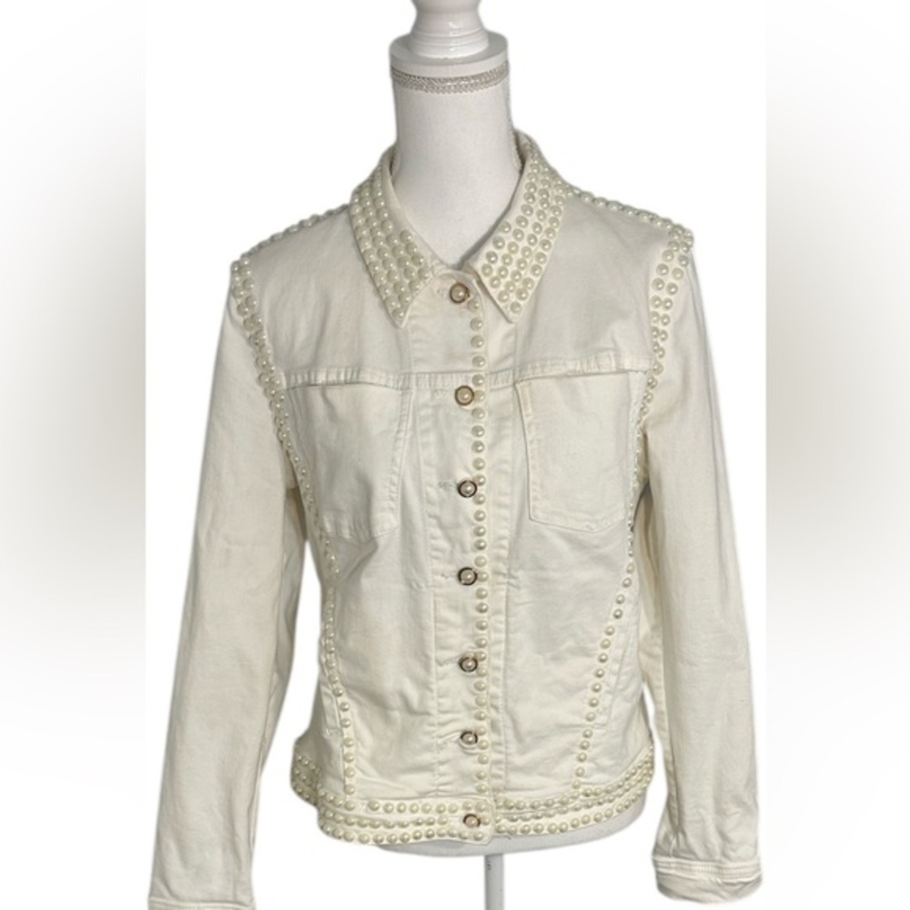V Cristina Ivory Pearl-Studded Jean Jacket